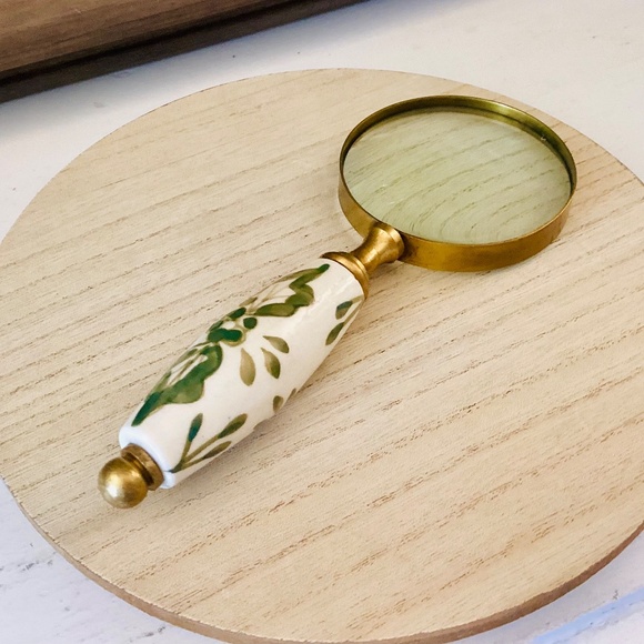 Brass Lupe Magnifying Glass Ceramic White Green Floral Handle 7.5” Elegant Gift - Picture 11 of 12